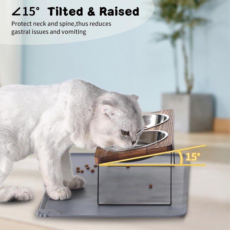Summark Upgraded Elevated Cat Bowls with Food Mat,15°Tilted Stand Anti Vomiting Raised Cat Dishes for Food and Water,2 Stainless Steel Bowls for Cats and Puppy（Rustic Brown） - Image 4